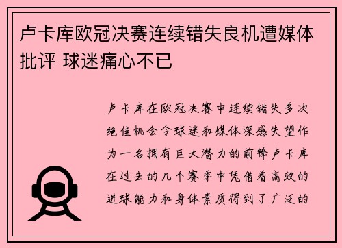卢卡库欧冠决赛连续错失良机遭媒体批评 球迷痛心不已